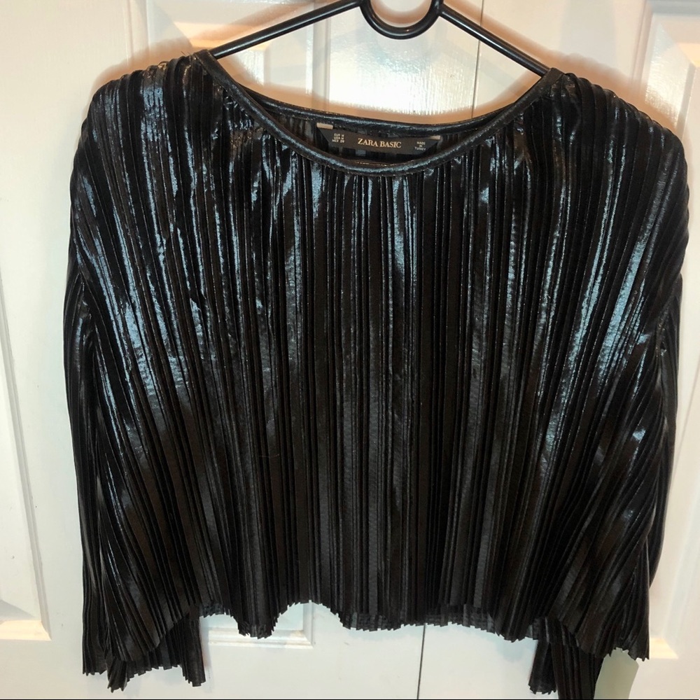 NWT ZARA PLEATED LEATHER BLACK LONG SLEEVE TOP - Picture 5 of 13
